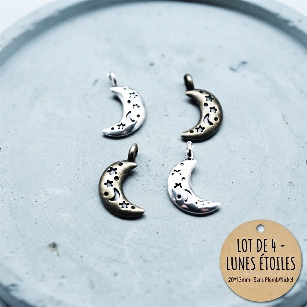 Lot de 4 Pendentifs Lune et Étoiles en Métal Argenté ou Bronze 20x13mm