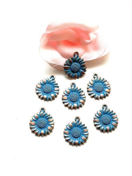 Breloques tournesols couleur patine bleue antique 19,5x17 mm par 5