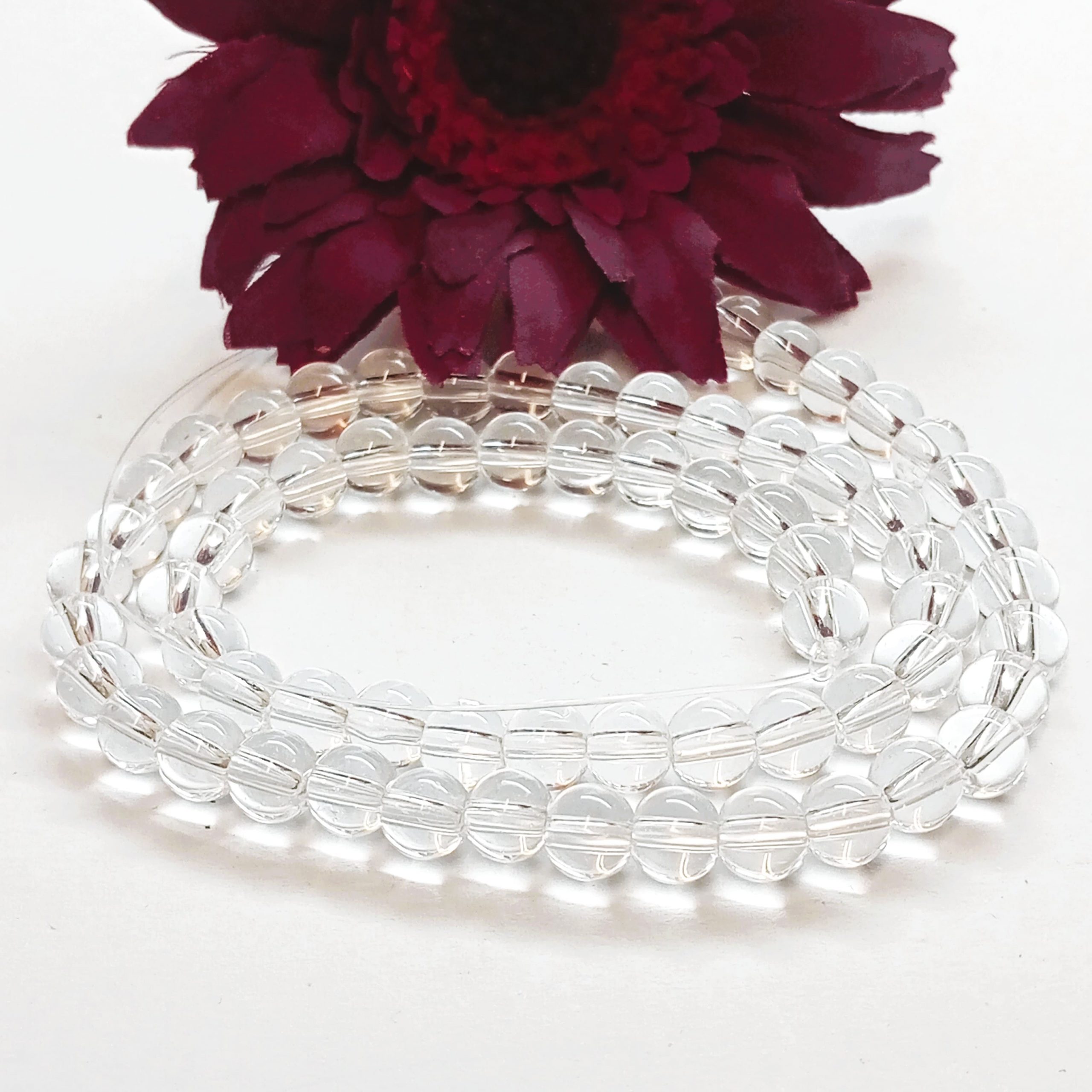 Perles rondes lisses 6mm en cristal de roche naturel du Brésil ou de l'Uruguay pour création de bijoux