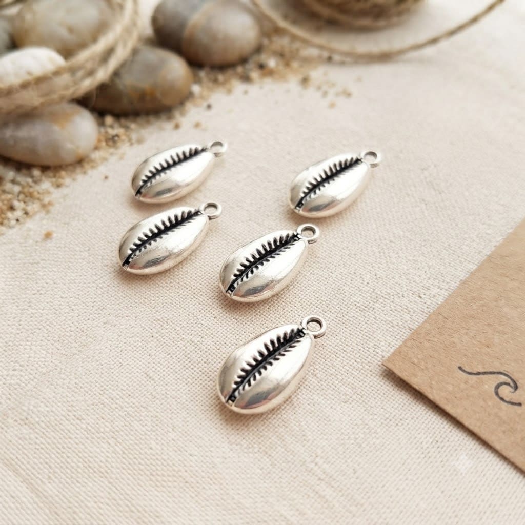 Lot de 5 breloques coquillage en métal argenté vieilli 23x12mm