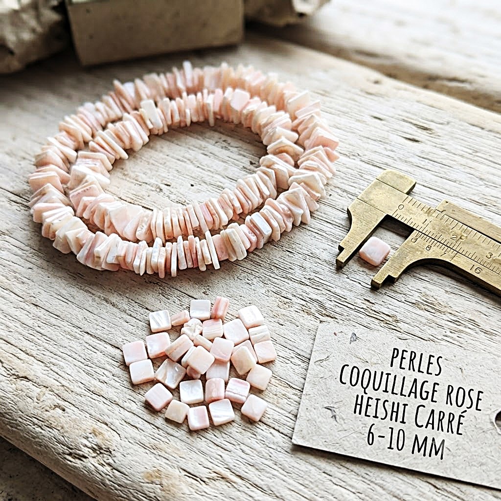 Perles Heishi carrées en coquillage rose naturel 6/10mm