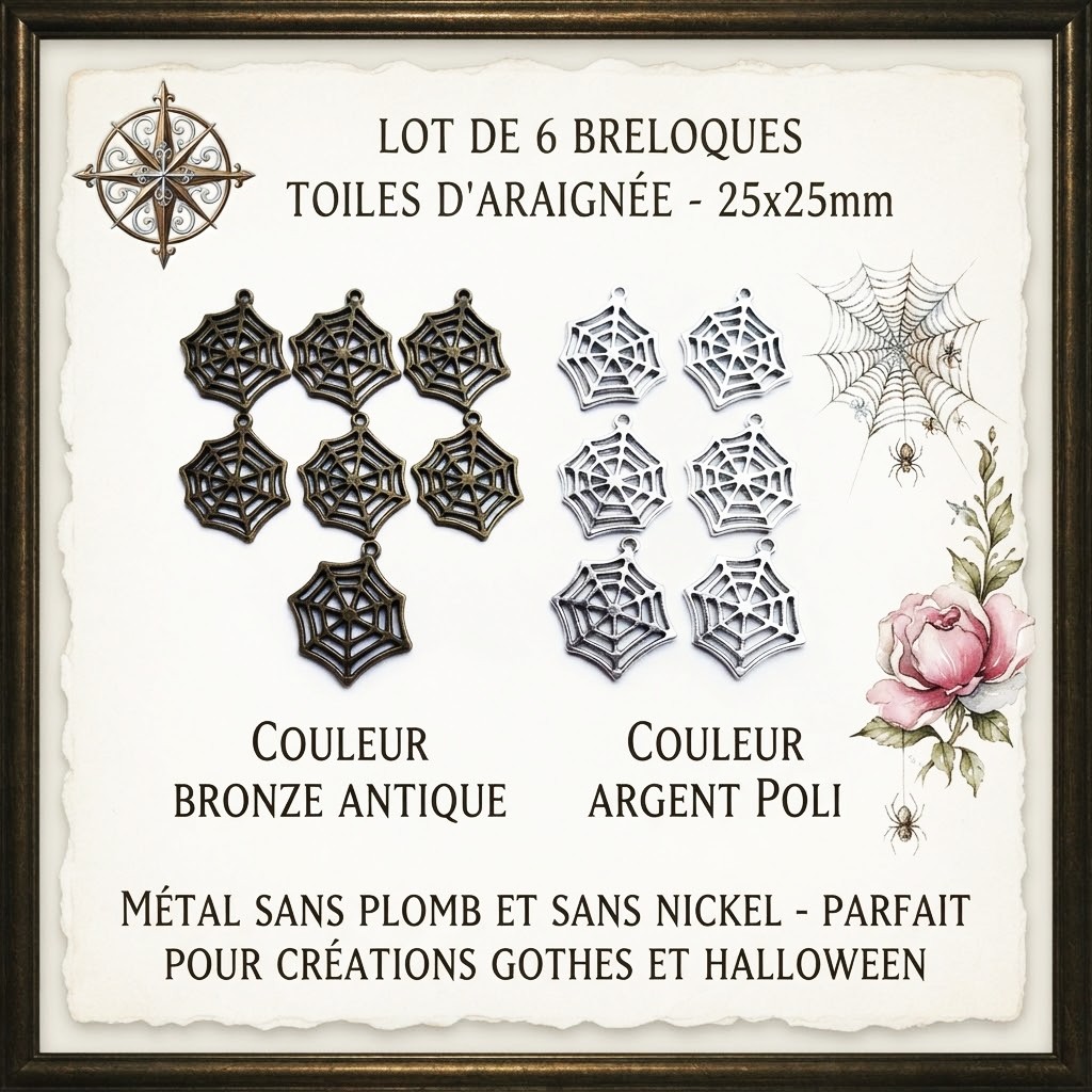 Lot de 6 breloques toiles d'araignée 25mm