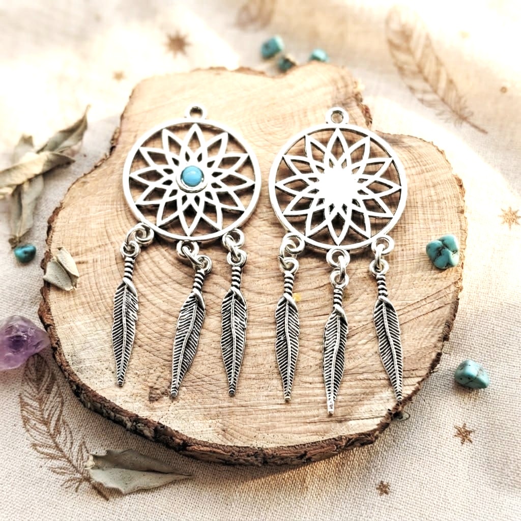 Lot de 2 pendentifs attrape rêves en métal argenté vieilli et bleu 64mm
