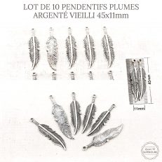 Lot de 10 pendentifs plumes en métal argenté 45x11mm