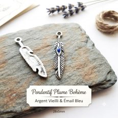 Pendentifs plumes en métal argenté vieilli et émail bleu par 10