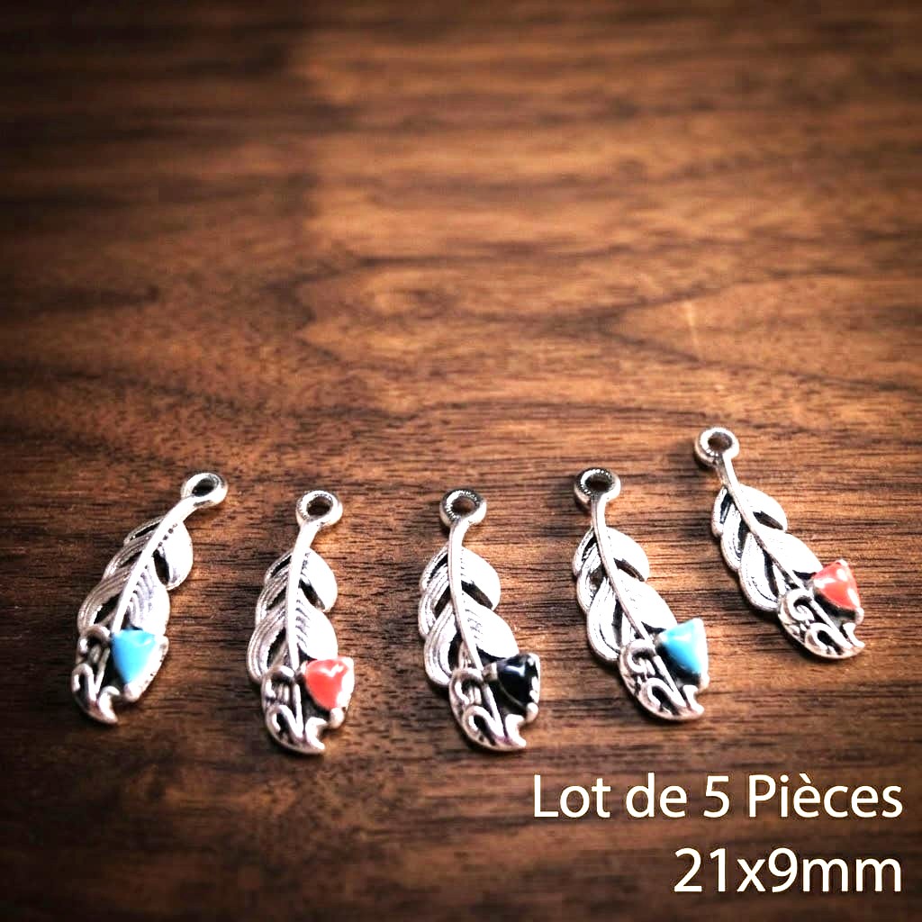 Lot de 5 pendentifs plume argentée avec émail coloré 21x9mm – Image 10