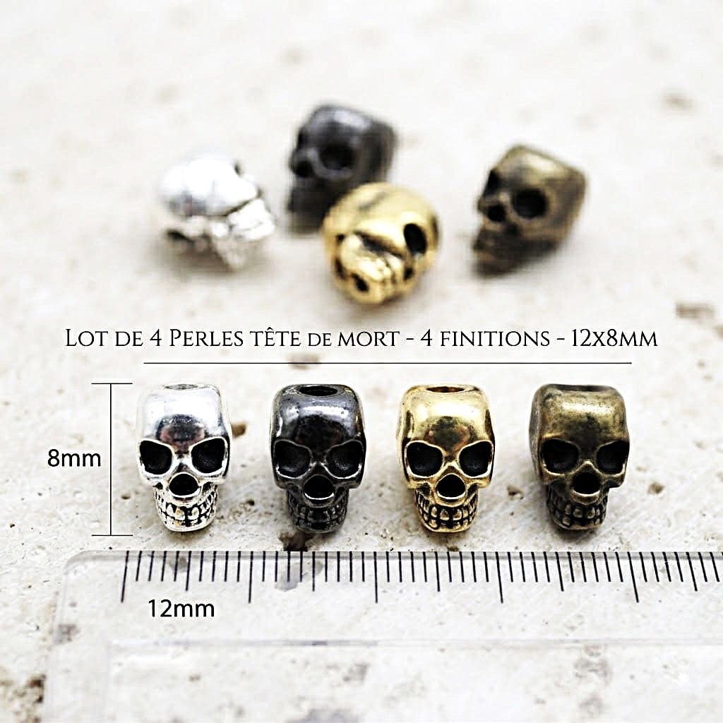 Lot de 4 Perles têtes de mort métal 3D 12*8 mm