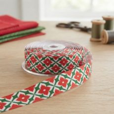 Ruban gros grain 22mm géométrique vert et fleurs rouges en 2 mètres
